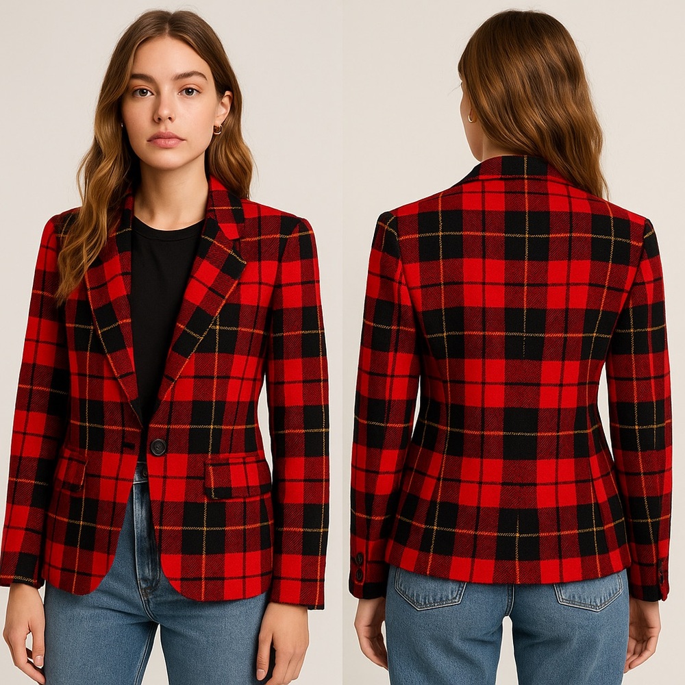 DKNY Donna Karan NY Vintage Red & Black Plaid Boucle Wool Blend Blazer Sz. 4
